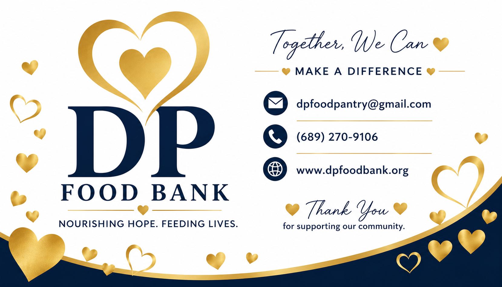 DP Food Bank business card — Nourishing Hope. Feeding Lives. dpfoodpantry@gmail.com, (689) 270-9106, www.dpfoodbank.org