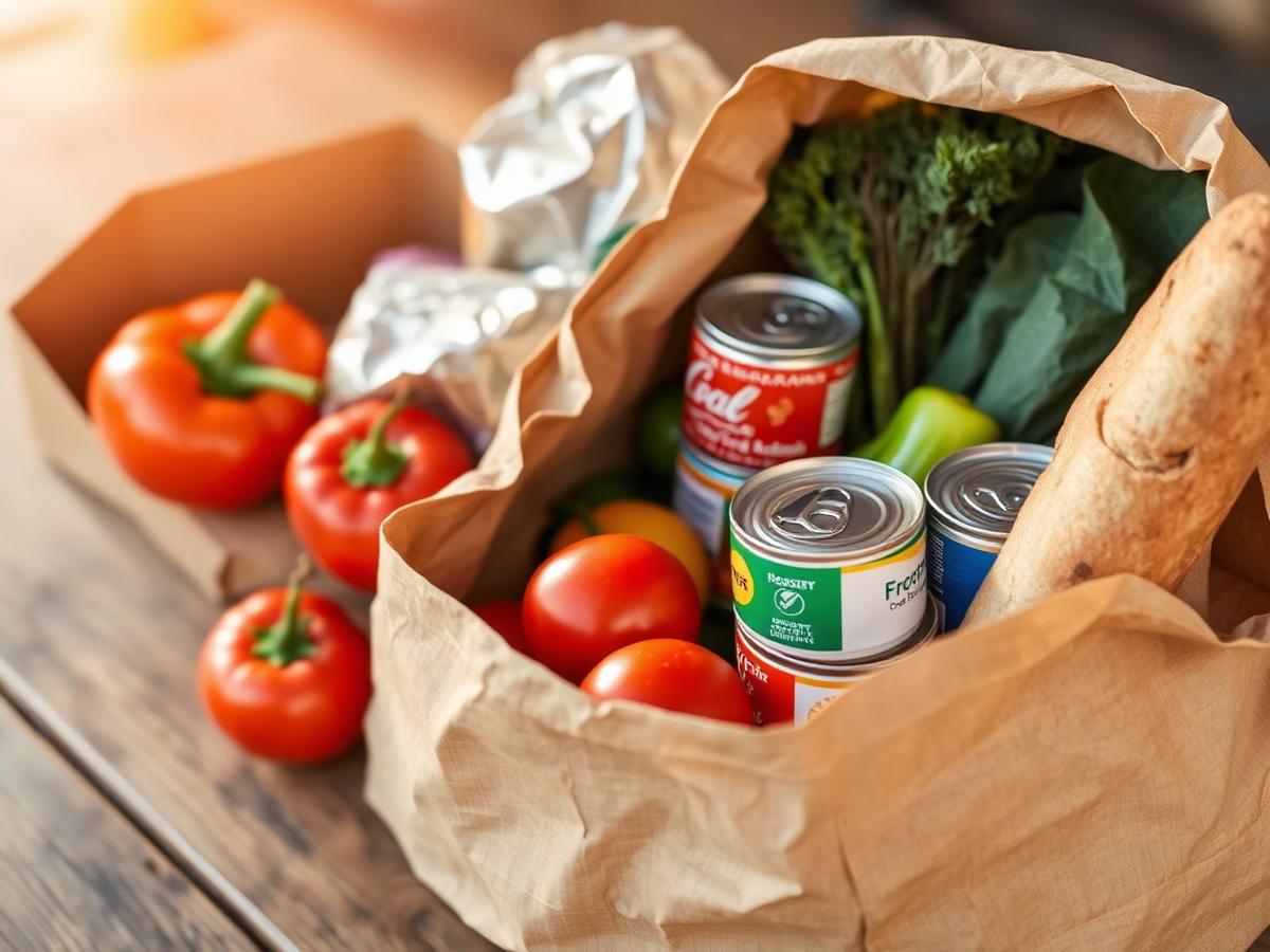A paper bag filled with fresh vegetables, bread and canned goods