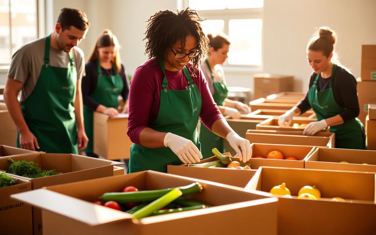 Volunteers packing boxes of fresh produce at DP Food Bank